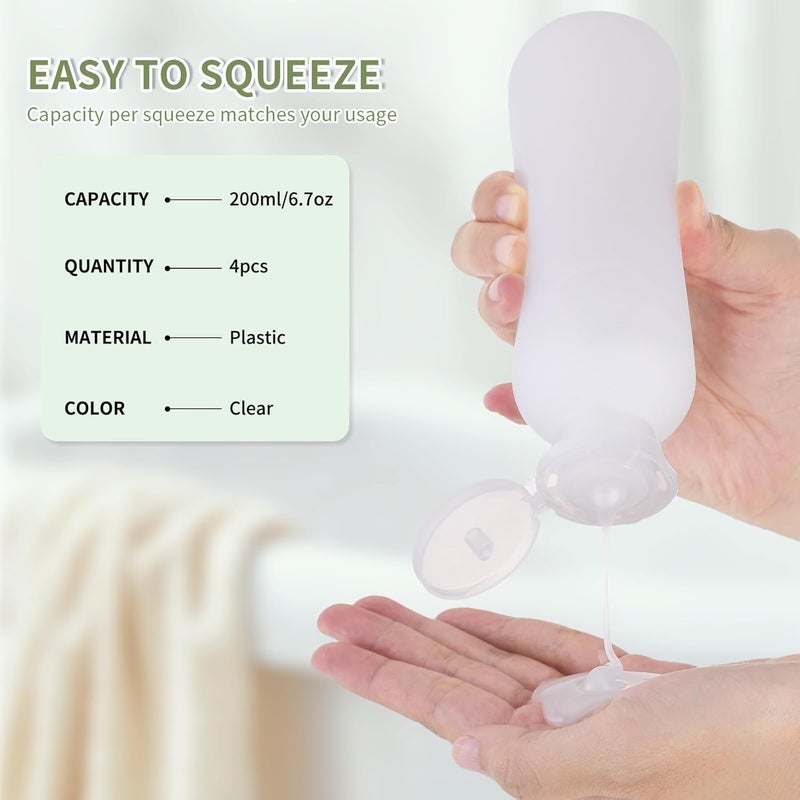 owlyee 6.7oz Travel Shampoo Bottle, Empty Plastic Squeeze Bottles with Flip Cap, 4PCS Lotion Container for Toiletries (200ml,Clear) - Image 2